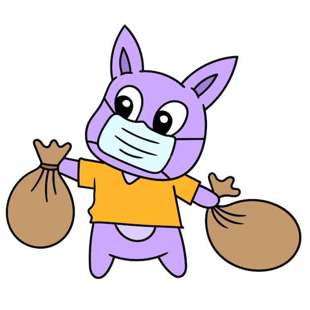 Cute cartoon is cleaning and throwing trash in its place, doodle icon image. cartoon caharacter cute doodle draw