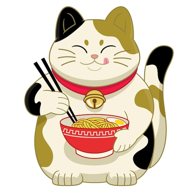 Gatto del giappone simpatico cartone animato che mangia noodle ramen