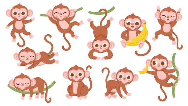 Vector cute cartoon jungle baby monkey character poses. exotic tropical animal mascot, ape jumping on tree, holding banana and sleeping vector set of monkey character in poses various illustration