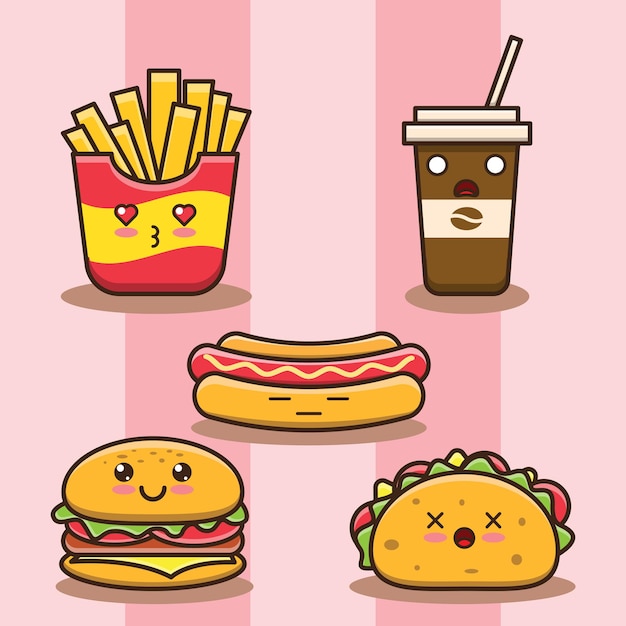 Illustrazione di cibo spazzatura simpatico cartone animato. stile cartone animato piatto