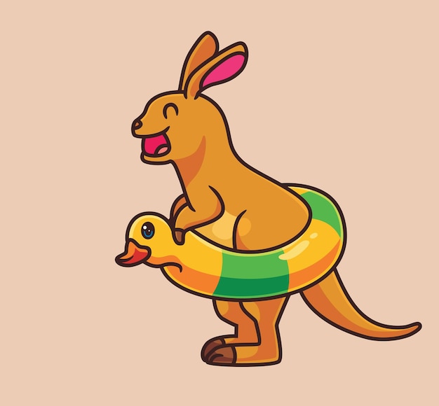 Cute cartoon kangaroo summer wearing lifebuoy isolated cartoon animal illustration vector