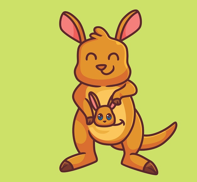 Vector cute cartoon kangaroo with baby in pouch isolated cartoon animal illustration vector