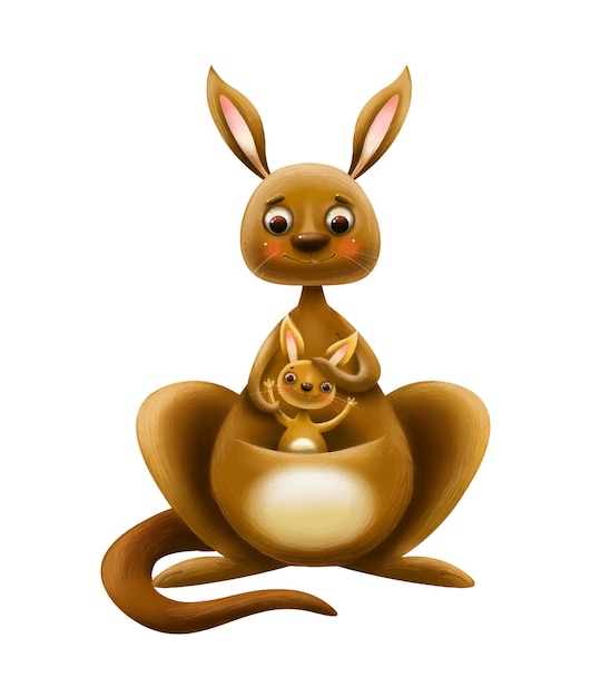 Cute cartoon kangaroo with a cub with a letter on a white background