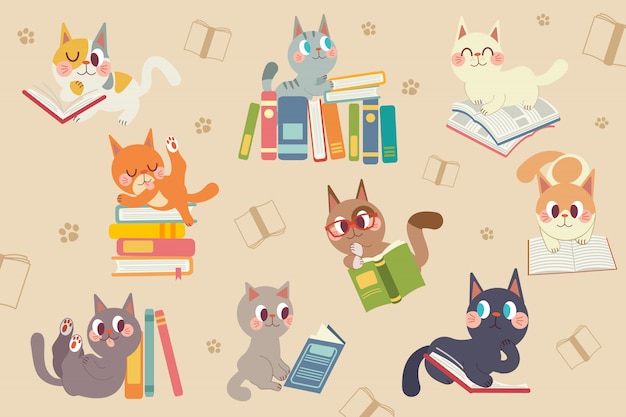 Cute cartoon katten karakter lezen van een boek-pack