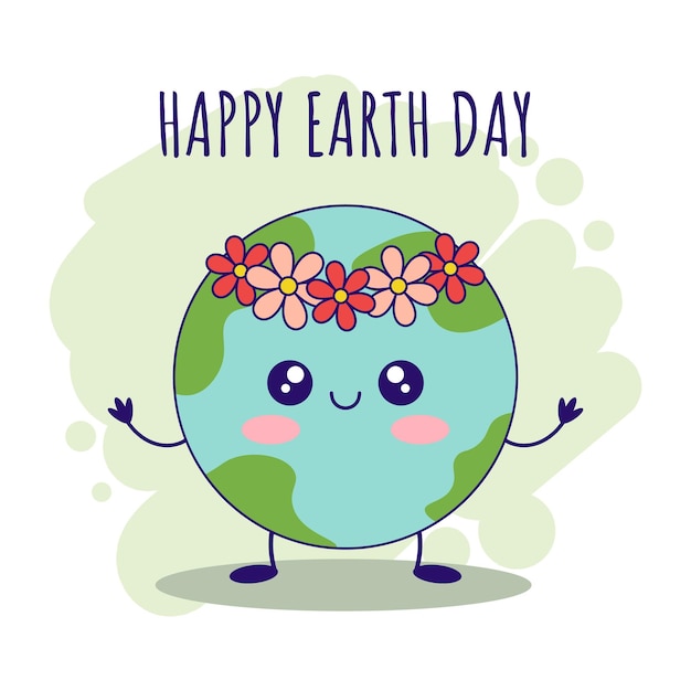 Cute cartoon kawaii earth character on a green background Happy Earth day greeting card