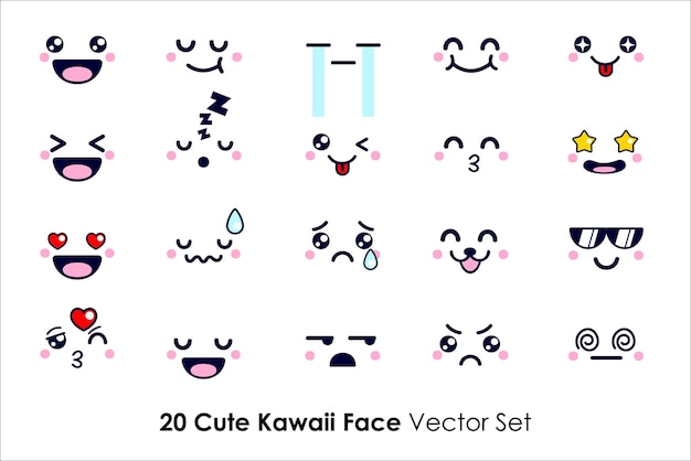 Simpatico cartone animato di espressioni facciali kawaii con set vettoriale stile chibi