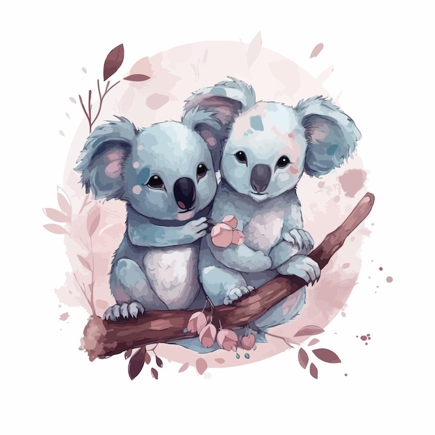 Cute cartoon kawaii koalas watercolor illustration