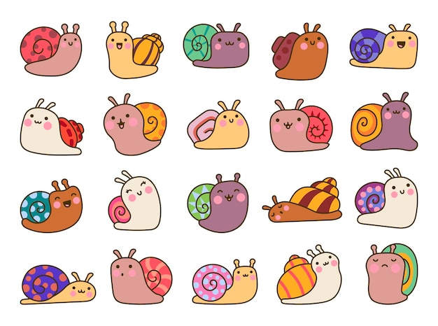 Vector cute cartoon kawaii snails funny insect hand drawn style vector drawing