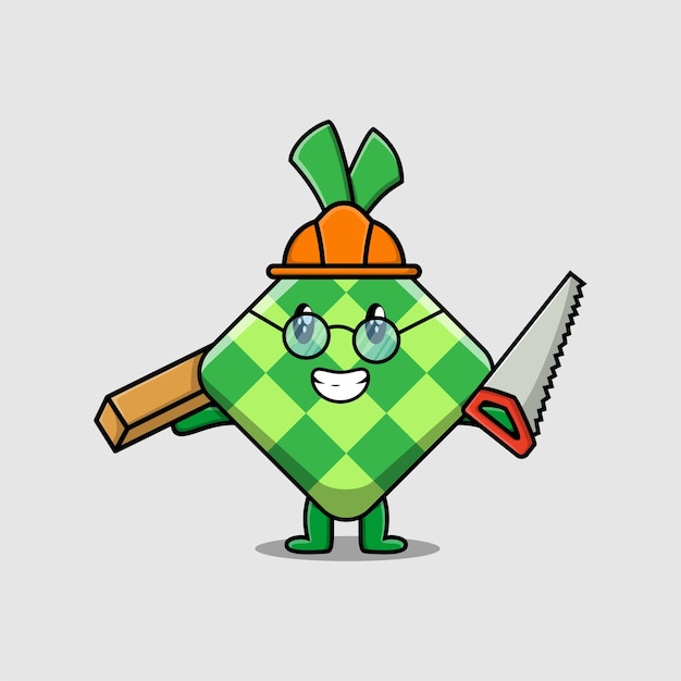 Cute cartoon ketupat as carpenter character with saw and wood in 3d modern style design