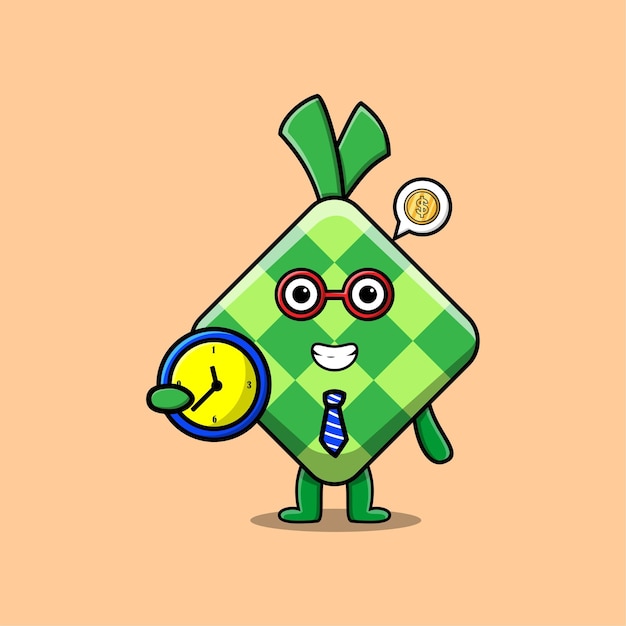Cute cartoon ketupat character holding clock with happy expression in concept 3d cartoon style