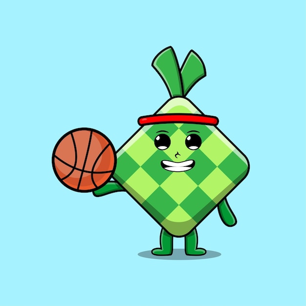 Cute cartoon ketupat character playing basketball