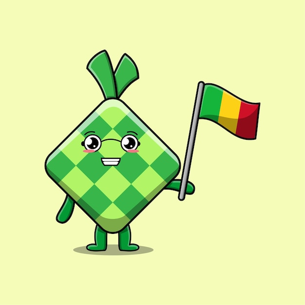 モダンなデザインのマリ国の旗とかわいい漫画のKetupatマスコットキャラクター
