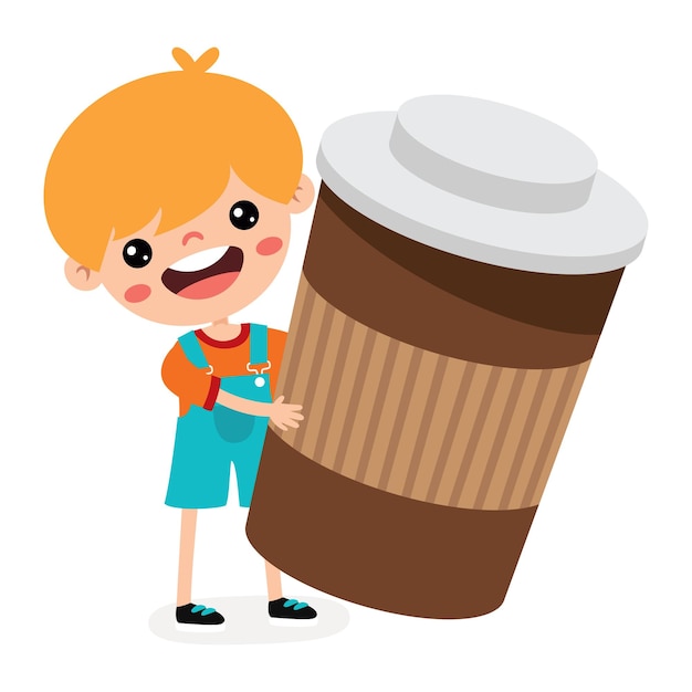 Vector cute cartoon kid drinking coffee