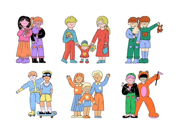 Vector cute cartoon kids boys and girls in different costumes vector illustration