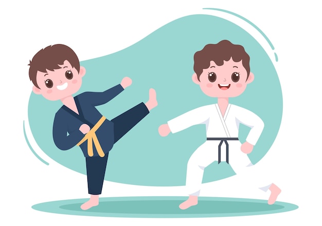 Cute Cartoon Kids Doing Some Basic Karate Martial Arts Moves and Wearing Kimono in Illustration