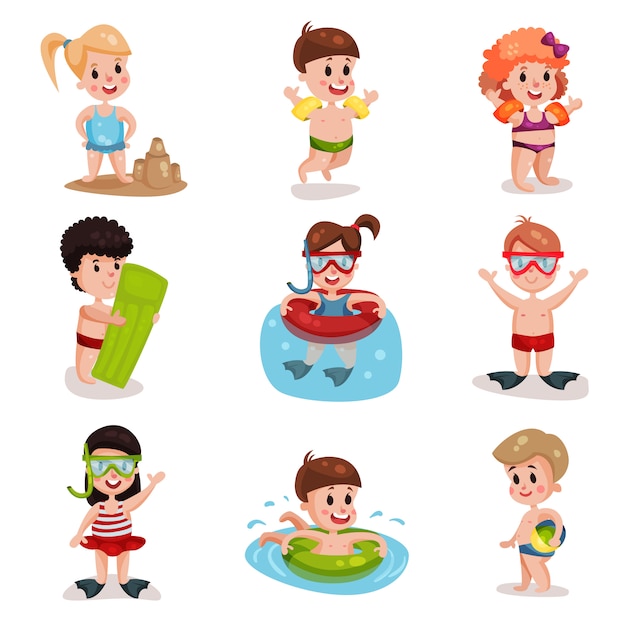 Cute cartoon kids playing at the beach set, boys and girls at summer vacation