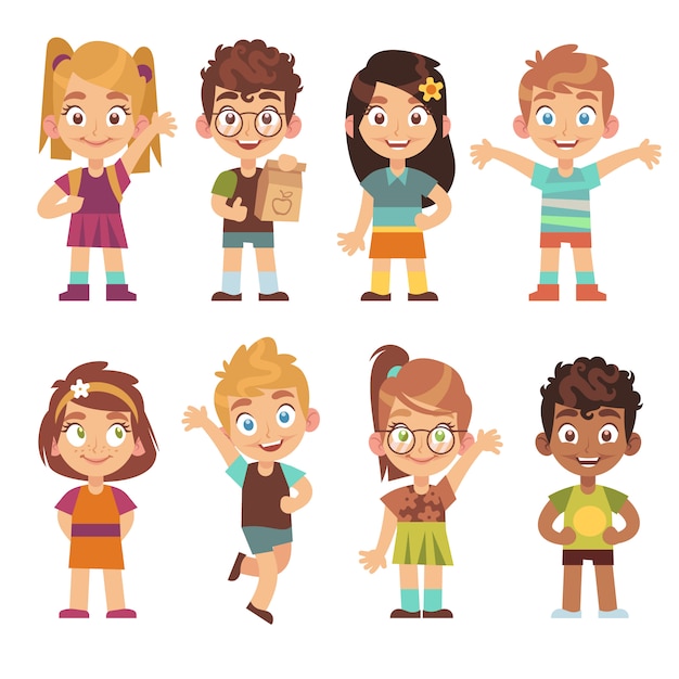 Vector cute cartoon kids set. children girls boys standing kid portraits happy teens group funny preschool child characters