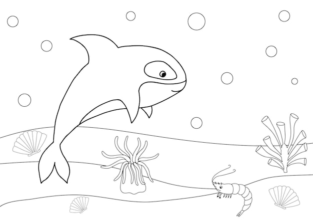 Cute cartoon killer whale Coloring book or page for kids Marine life