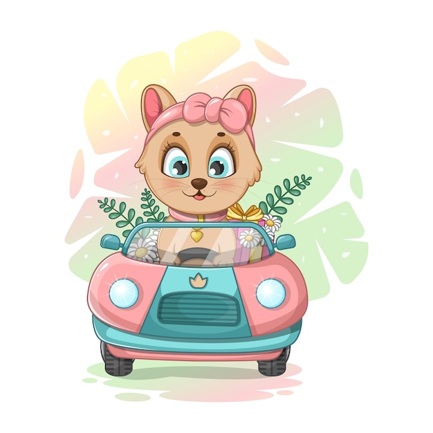 Vector cute cartoon kitten in a car with flowers and a gift