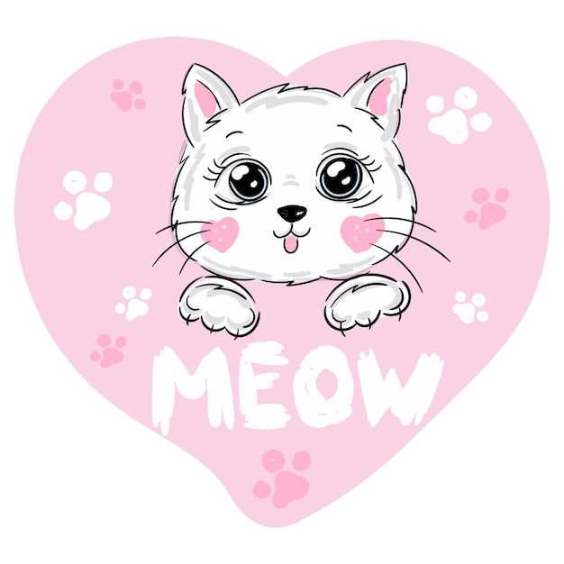 Vettore cute cartoon gattino ragazza su cuore rosa slogan meow e zampa per la stampa grafica tshirt