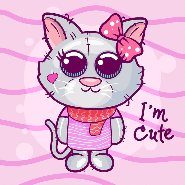 Cute cartoon kitten on a pink background.