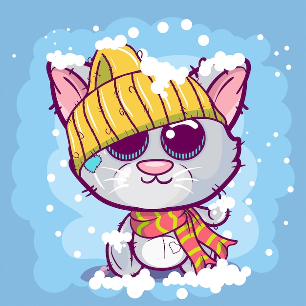 雪の背景にかわいい漫画子猫。