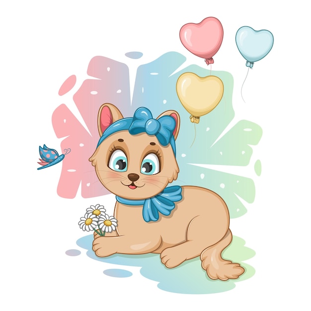 Cute cartoon kitten with flowers balloons and a butterfly