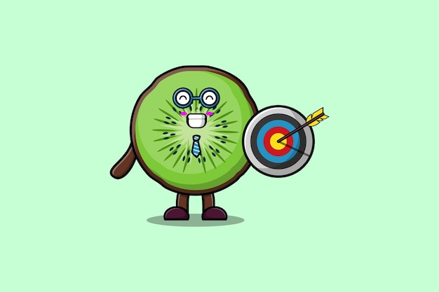 Cute cartoon Kiwi fruit businessman holding target and arrow with happy expression