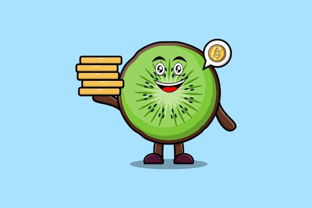 Cute cartoon Kiwi fruit character holding in stacked gold coin vector illustration