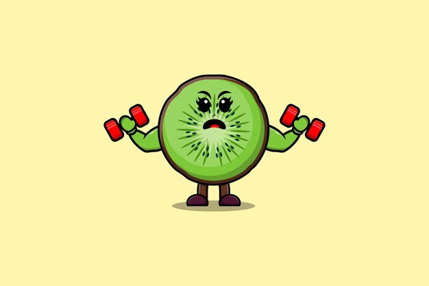 Cute cartoon kiwi fruit character is fitness with barbell in modern style design