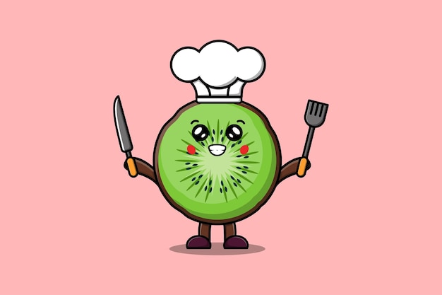 Simpatico cartone animato kiwi frutta chef personaggio tenendo coltello e forchetta in stile cartone animato piatto illustrazione