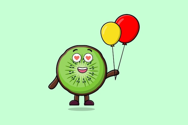 Cute cartoon kiwi fruit floating with balloon cartoon vector illustration concept flat cartoon style