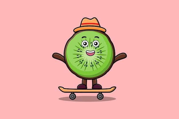 Simpatico cartone animato kiwi in piedi su skateboard con stile di illustrazione vettoriale cartone animato