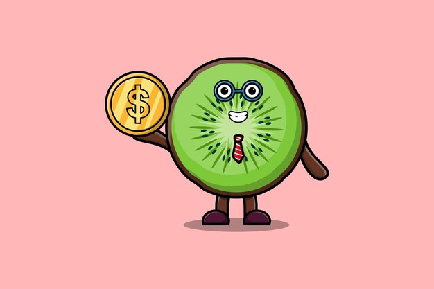 Cute cartoon Kiwi fruit successful businessman holding gold coin illustration