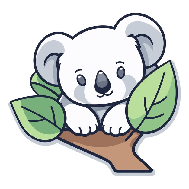 Vector cute cartoon koala on a branch with leaves