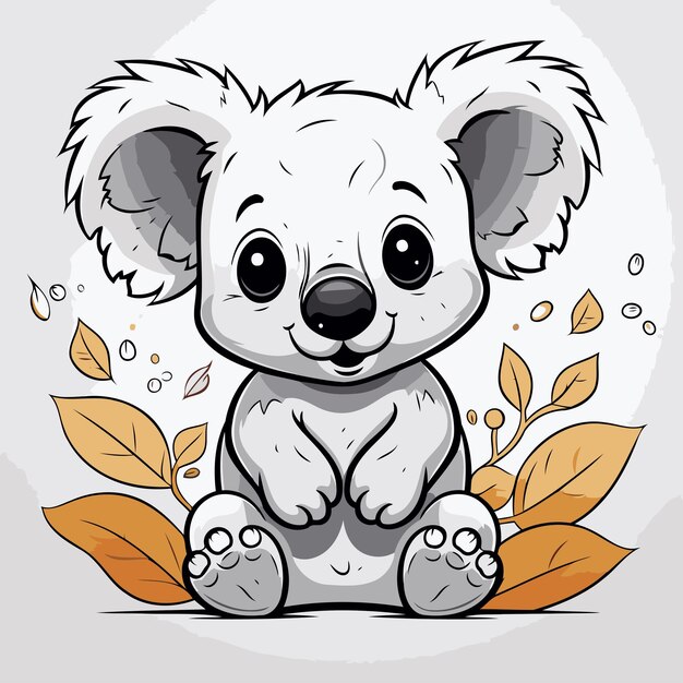 Cute cartoon koala sitting on autumn leaves vector illustration