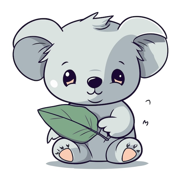 Vector cute cartoon koala with a green leaf vector illustration