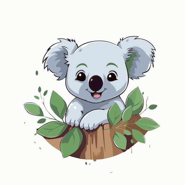 Cute cartoon koala with green leaves on white background Vector illustration