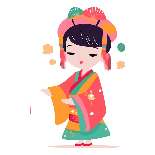 Vector cute cartoon korean girl in traditional costume