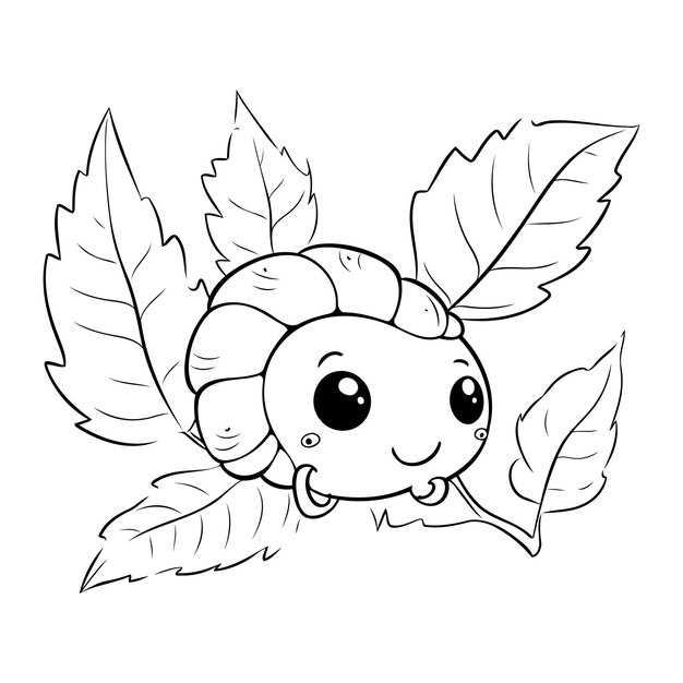 Vector cute cartoon ladybug with leaves vector illustration for coloring book