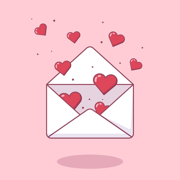 평평한 분홍색 배경에 사랑의 마음이 있는 귀여운 만화 편지 봉투