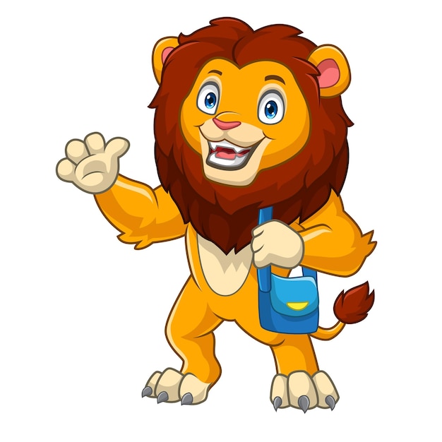 Cute cartoon lion going to school waving