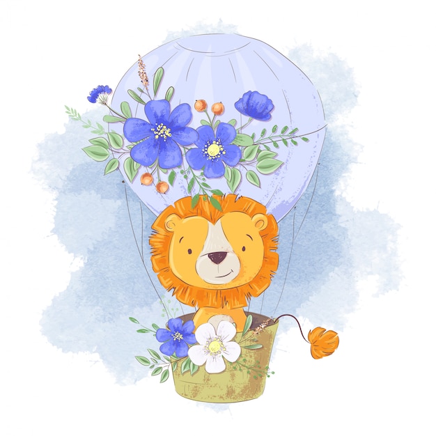花とバルーンでかわいい漫画ライオン