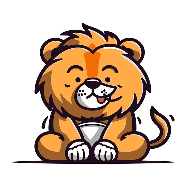 Vector cute cartoon lion sitting and holding a cup of coffee vector illustration