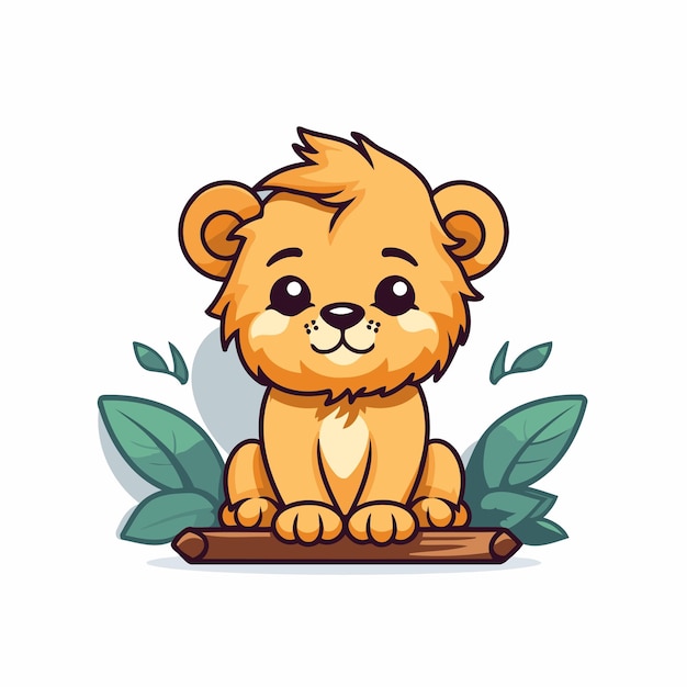 Vector cute cartoon lion sitting on a wooden platform vector illustration
