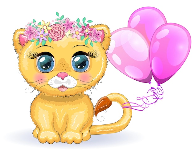 Cute cartoon lion with big eyes in a children's bright style