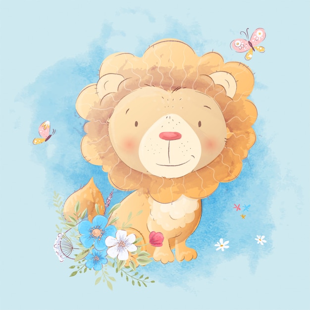 Cute cartoon of a lion with a bouquet of flowers in the style