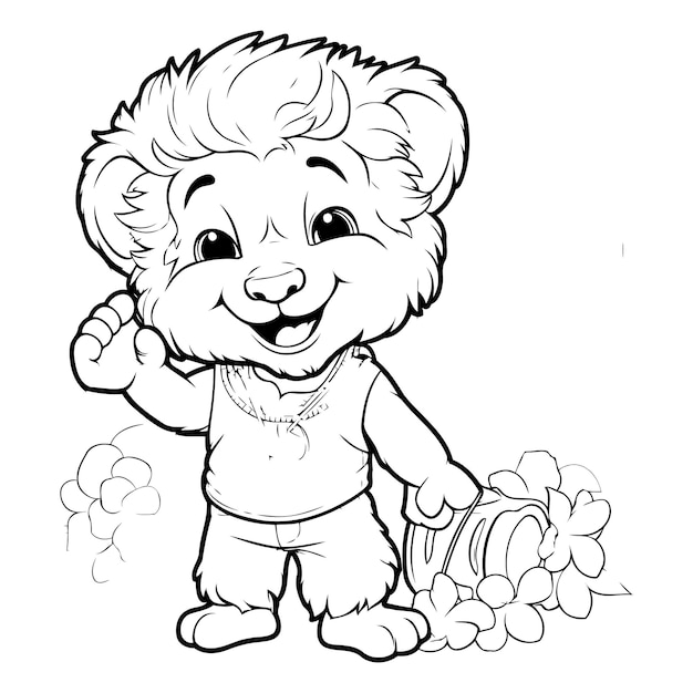 Cute cartoon lion with flower black and white vector illustration