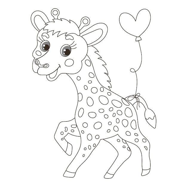 Cute cartoon little baby giraffe character with a balloon on his tail Sketch outline drawing