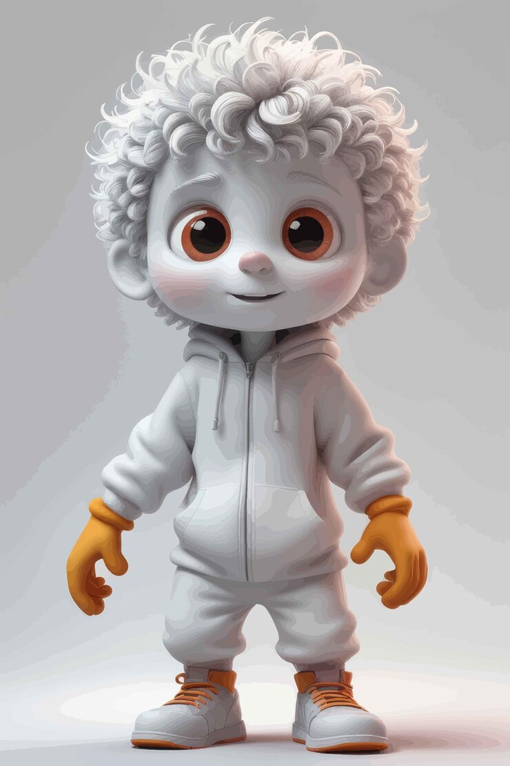Vector cute cartoon little baby in white sweatshirt and jeans isolated on white background 3 d illustrati